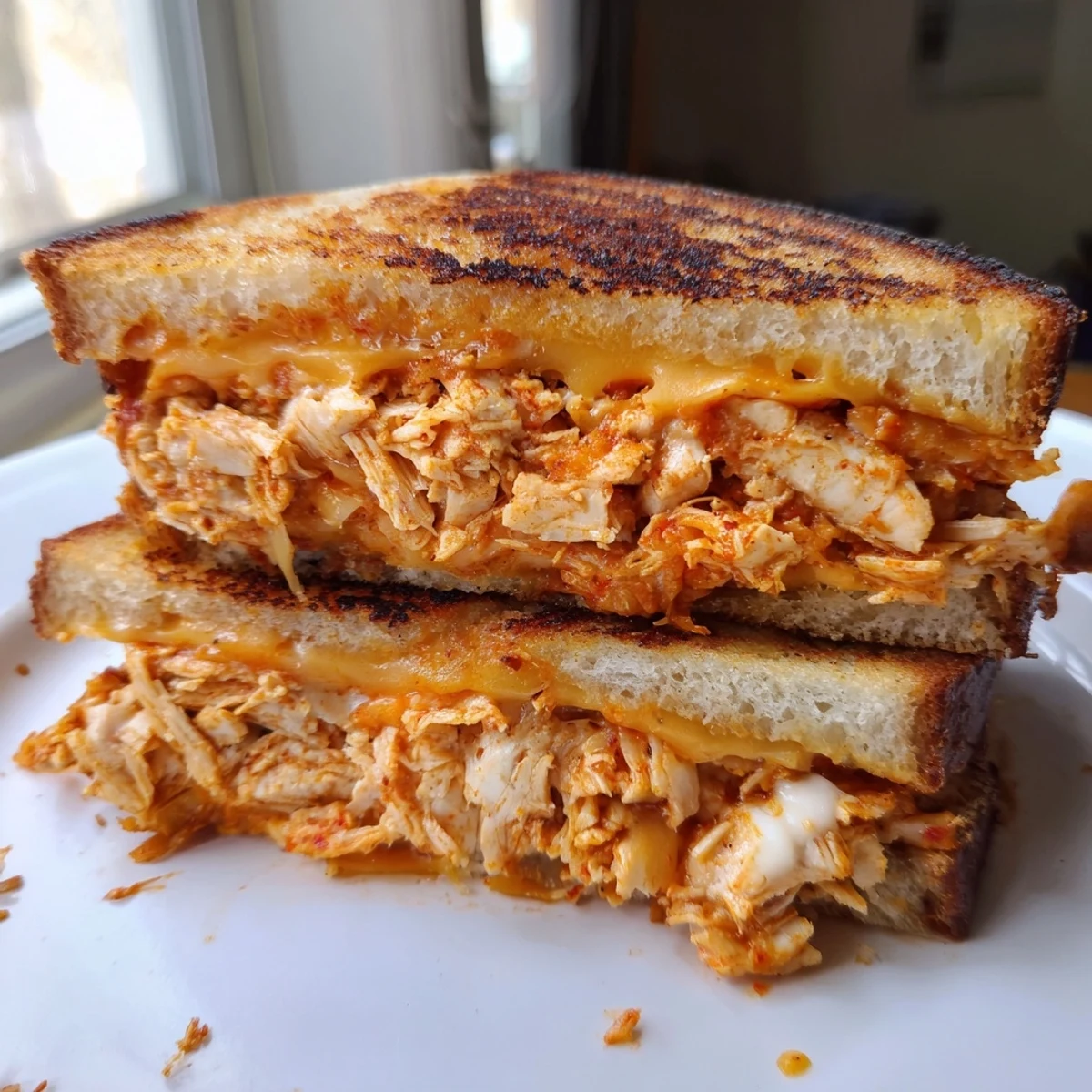 Golden-brown Spicy Crispy Chicken Sandwich Grilled Cheese, oozing with melted cheese, ready to enjoy.