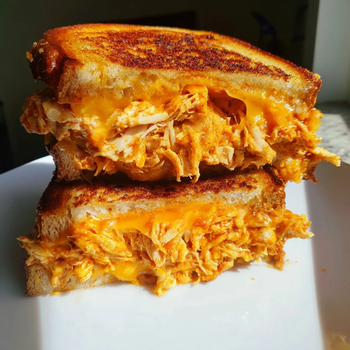 A close-up of a perfectly grilled Spicy Crispy Chicken Sandwich Grilled Cheese, showcasing its textures.