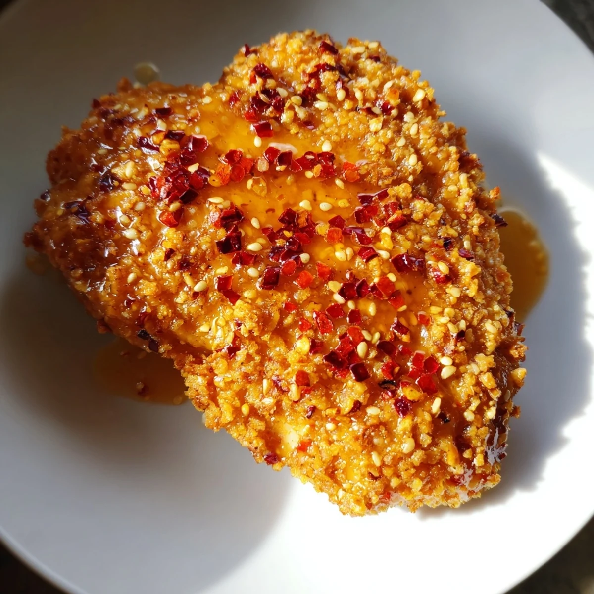 Crispy golden Hot Honey Chicken Thighs, drizzled with a sweet and spicy glaze for dinner.