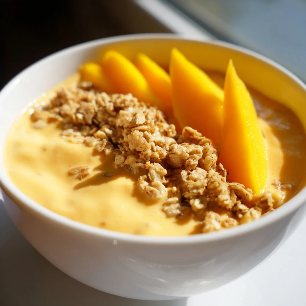 Cremige Mango-Blended Overnight Oats in Gläsern, gekrönt mit knusprigem Granola, frisch zubereitet.