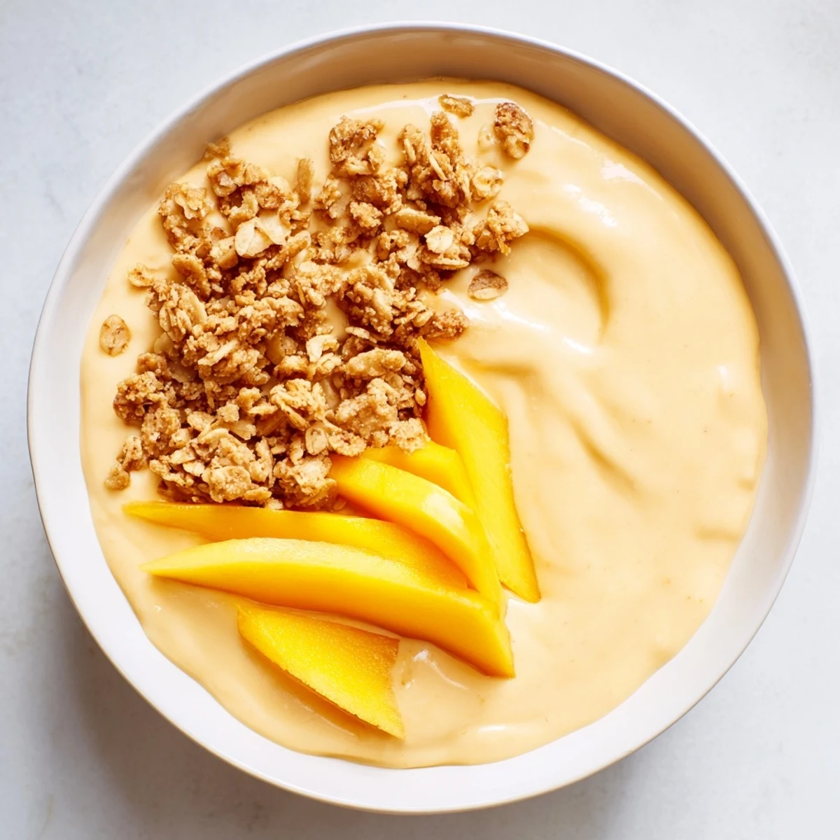 Kühle, cremige Mango Blended Overnight Oats, serviert mit frischen Mangoscheiben und köstlichem Granola.