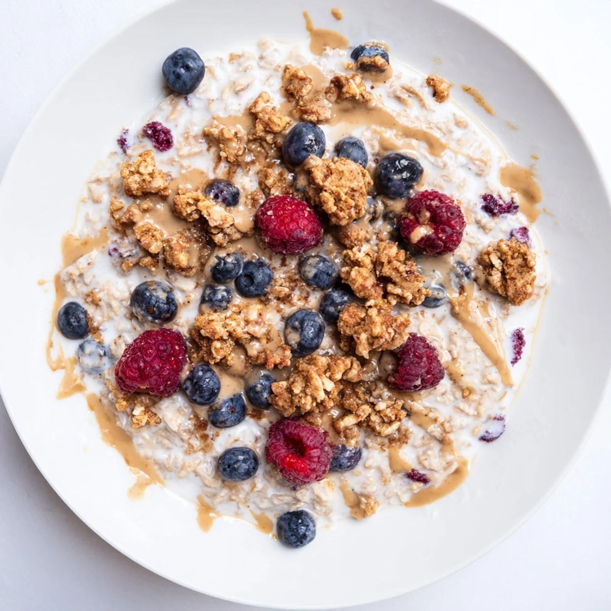 Creamy Overnight Oats Gourmet Makeover topped with berries, granola, and a nut butter swirl.