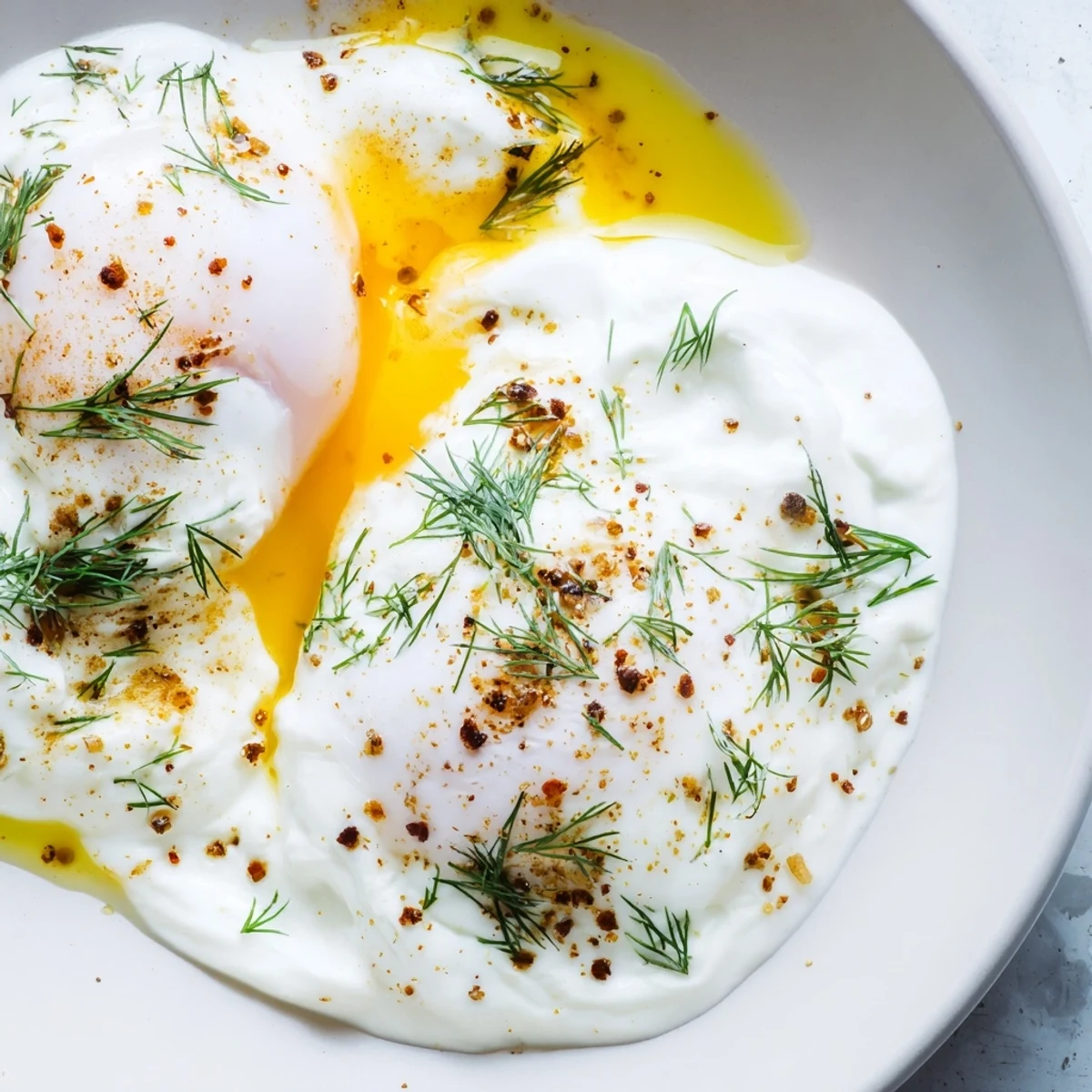 Silky poached eggs in rich brown butter grace a plate of Cilbir, a Turkish breakfast delight.