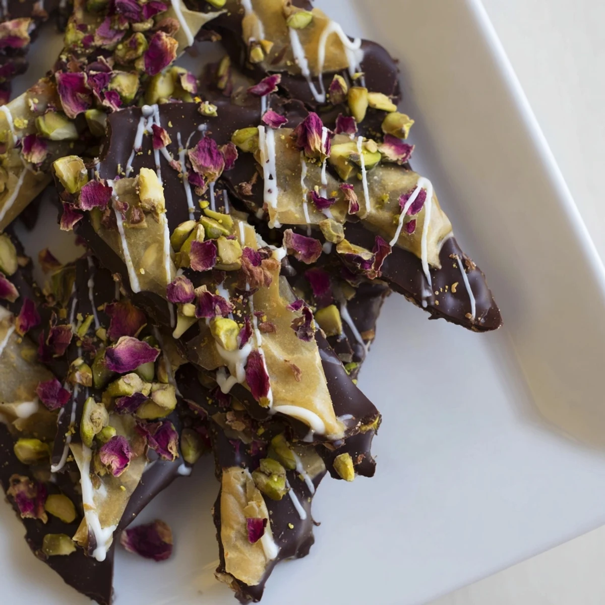 A layered photo showing the delicious Pistachio Dubai Chocolate Bark, ready to break and eat.