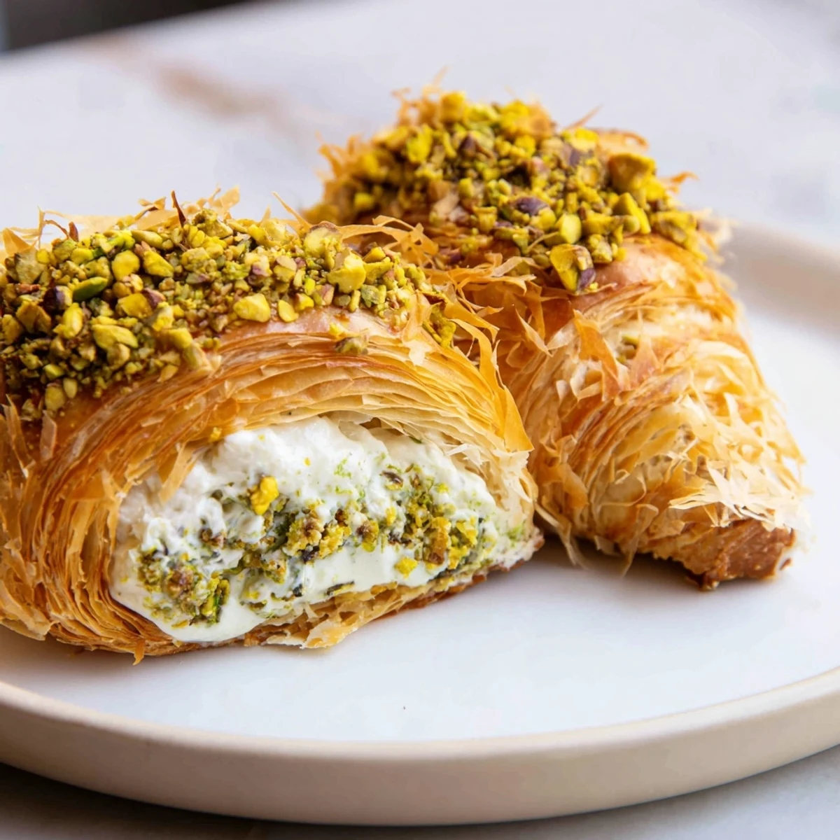 Golden, flaky Pistachio Cream Croissants: a picture of a fresh pastry with pistachio filling.
