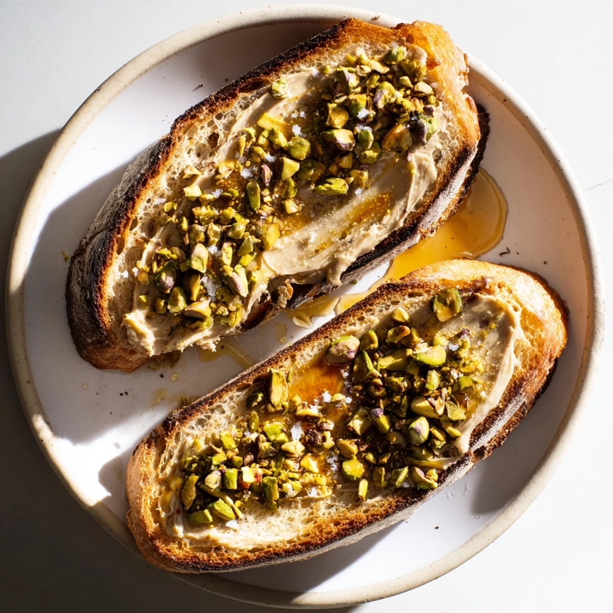 Saftiger Pistazienbutter-Toast, golden getoastet und mit cremigem Pistazienmus bestrichen, bereit zum Genießen.