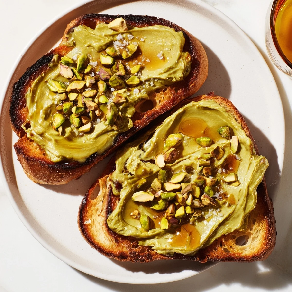 Nahaufnahme von perfekt zubereitetem Pistazienbutter-Toast, frisch gemacht mit Honig und knackigen Pistazien.