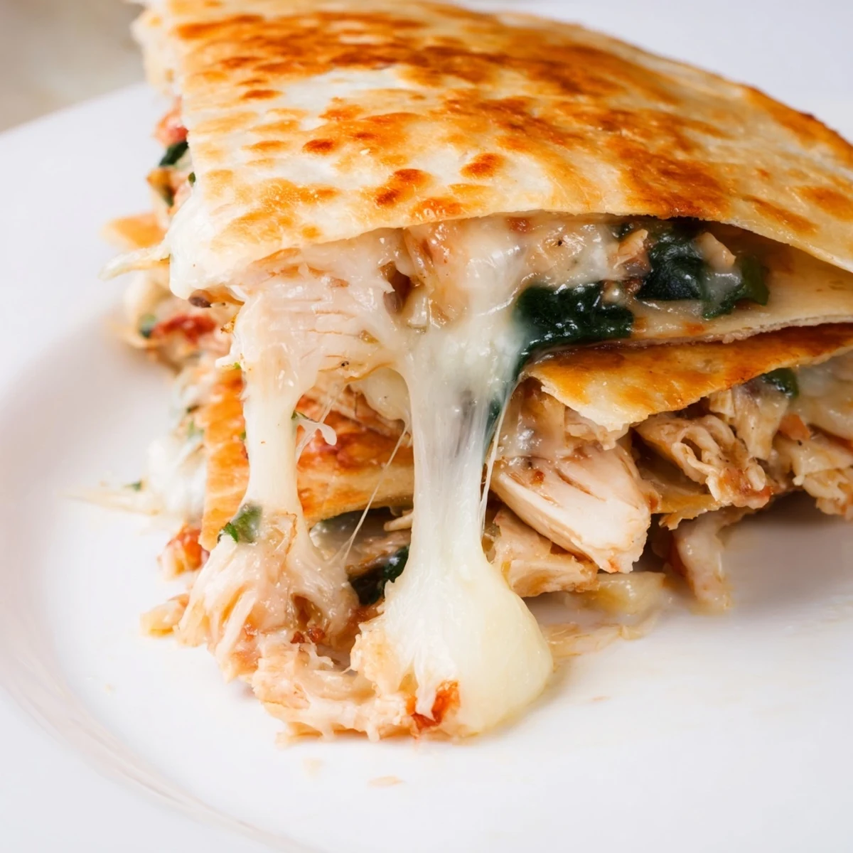 Ein goldbrauner, knuspriger Chicken and Spinach Quesadilla auf einem rustikalen Holztisch, gefüllt mit saftigem Hühnchen, zartem Spinat und geschmolzenem Mozzarella.