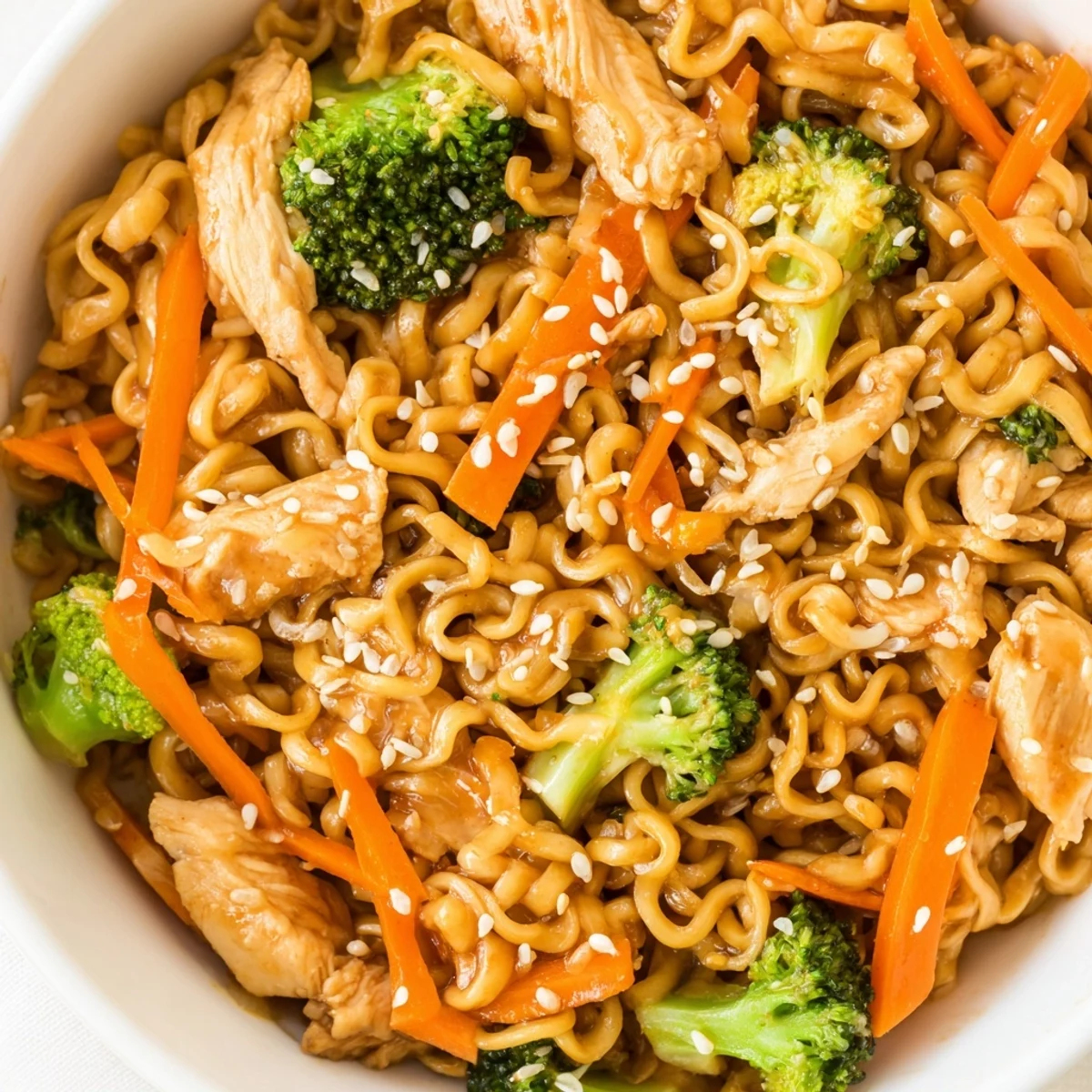 Gebratene Spicy Ramen Stir-Fry Nudeln mit Hähnchen, knusprigem Gemüse und einer würzigen Sauce auf einem Teller.