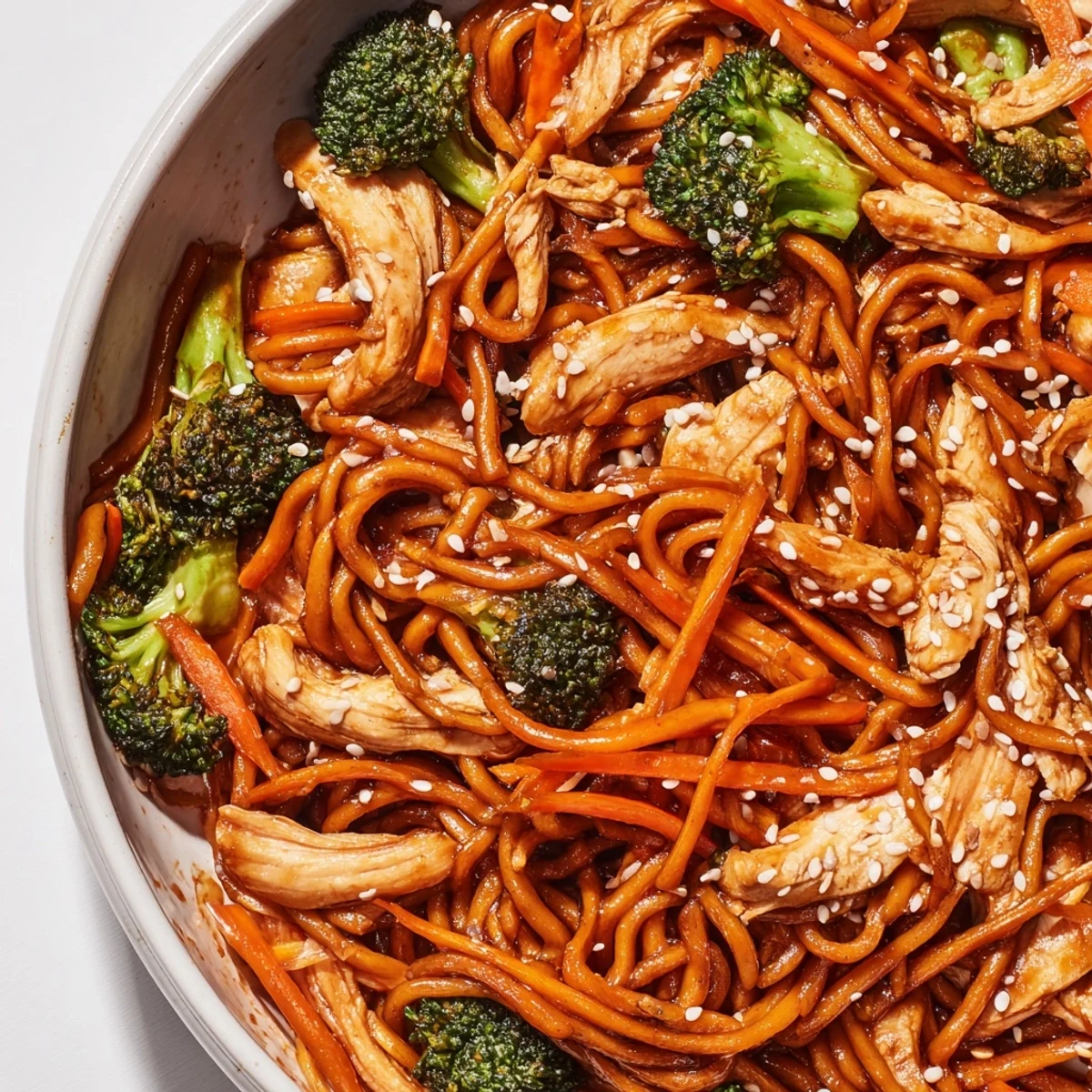 Leckere Spicy Ramen Stir-Fry Pfanne mit saftigem Hähnchen, bunten Paprikastreifen und frischen Frühlingszwiebeln direkt vom Grill.