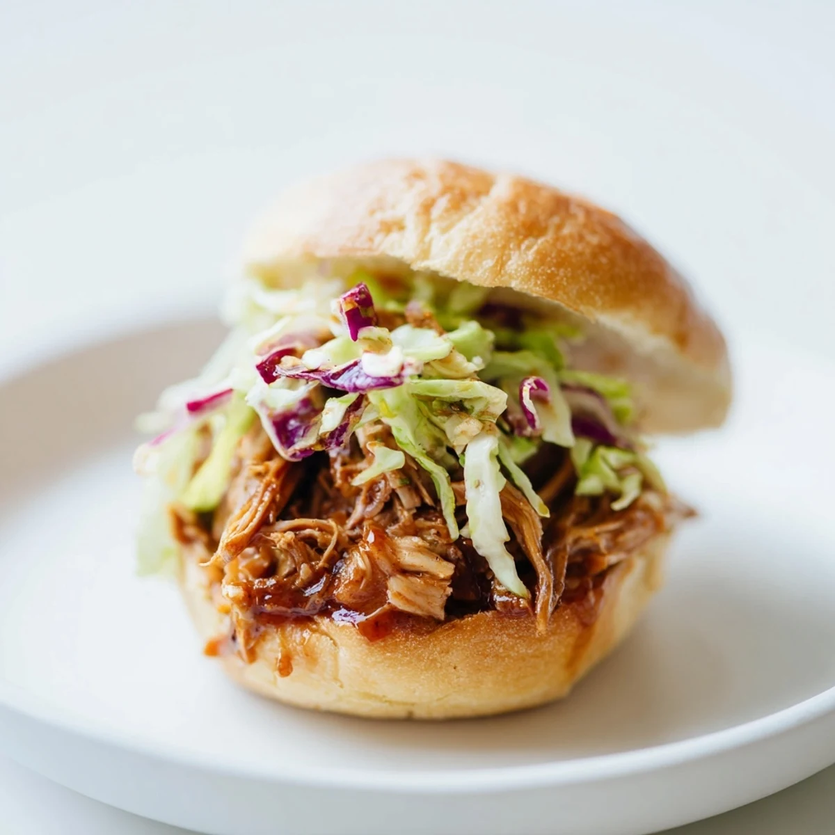 Aufgetischte BBQ Chicken Sliders auf goldenen Brötchen mit knackiger Slaw und frischem Koriander.