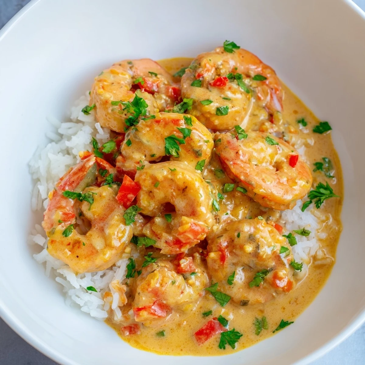 Frisch gekochte Garnelen in einer cremigen Cajun-Sauce auf aromatischem Jasminreis, garniert mit frischem Petersilie.
