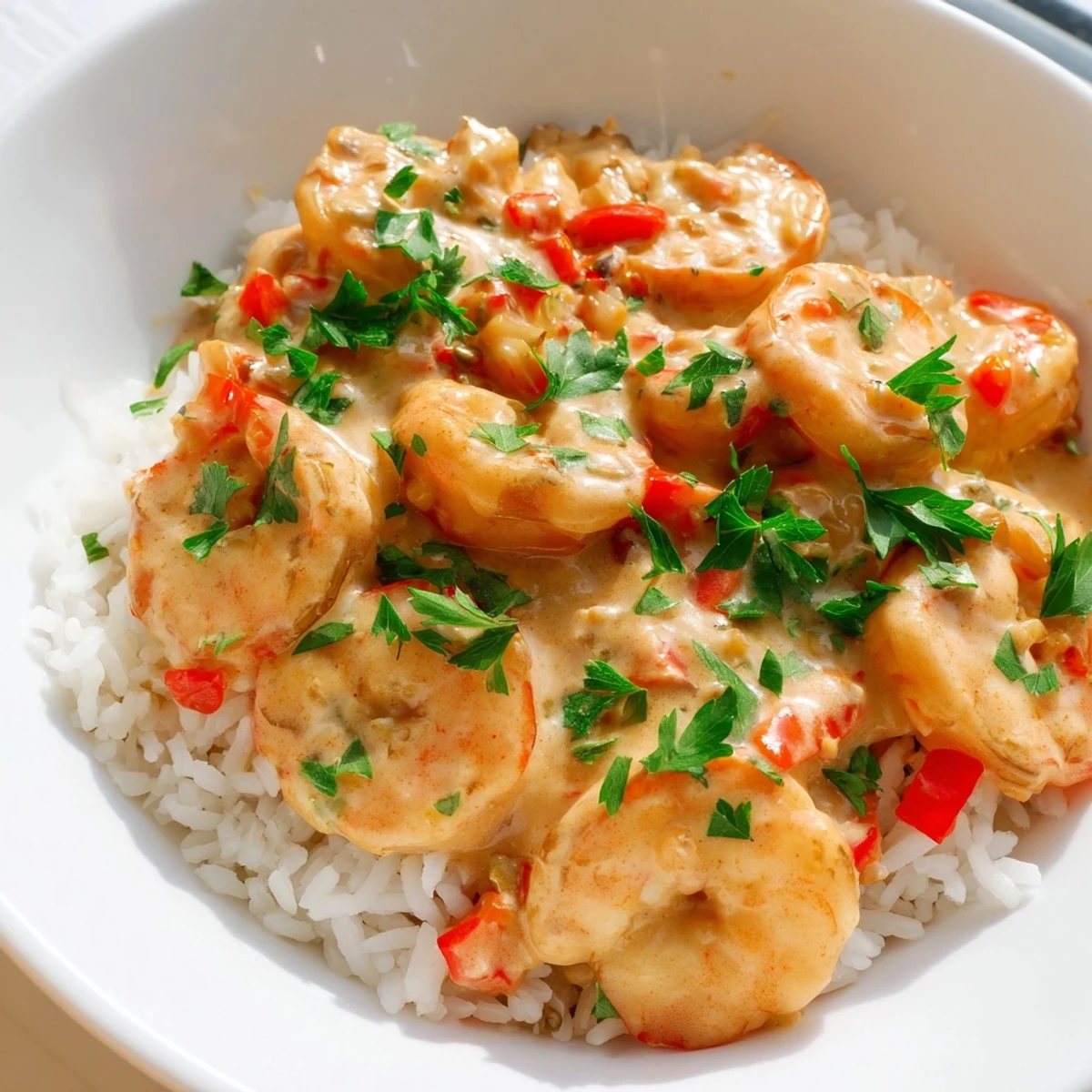 Knusprige Garnelen in würziger Sahnesauce, angerichtet mit duftendem Jasminreis für ein US-amerikanisches Comfort-Food-Erlebnis.