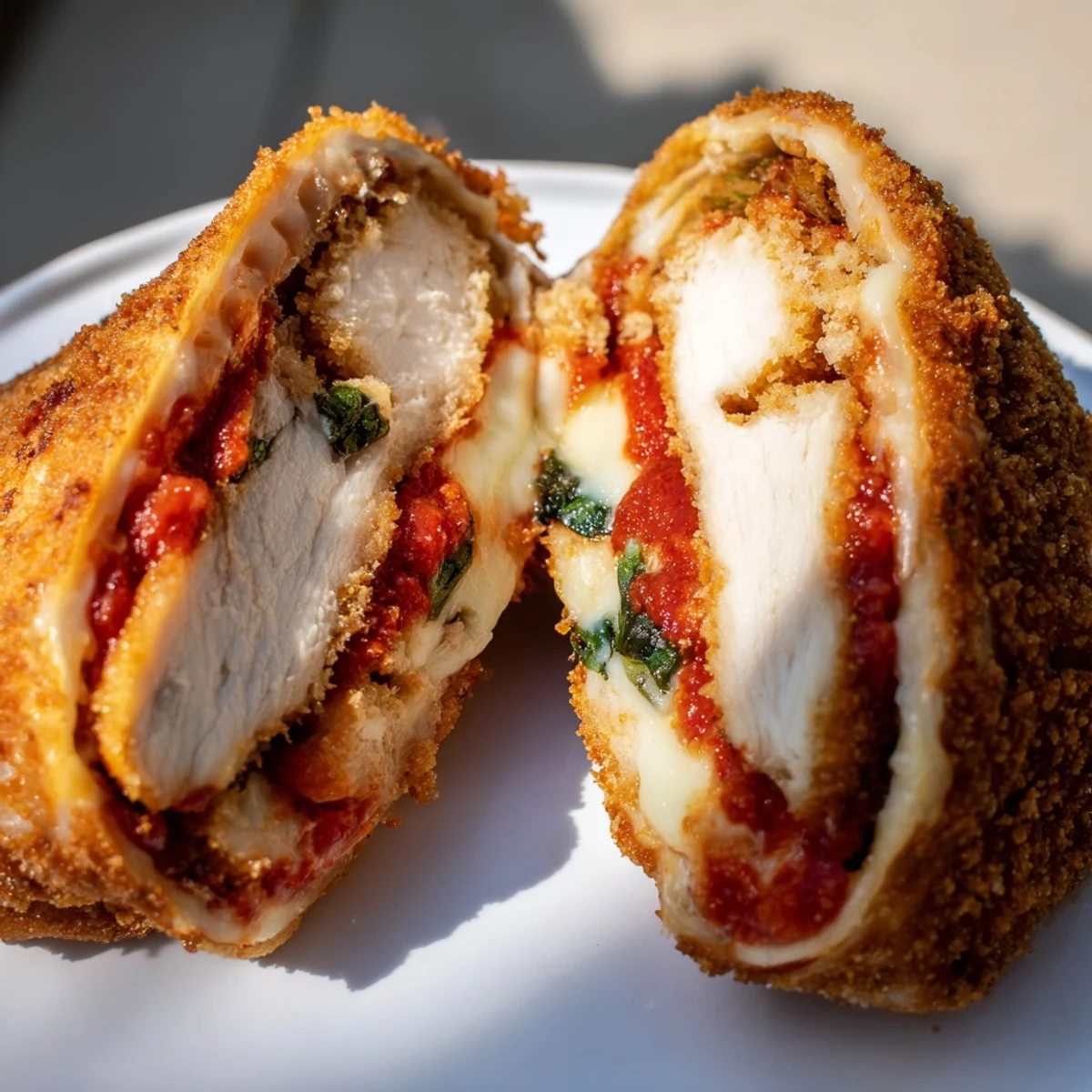 Handheld Crispy Chicken Parm Wrap sliced in half, revealing crispy chicken and gooey melted cheese.