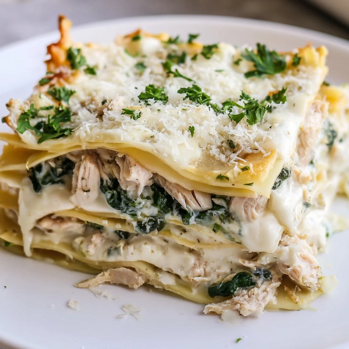 Die laufende Chicken Alfredo Lasagna zeigt goldbraune Käsespitzen, Blätterteig und darunter cremige Füllung aus Hähnchen und Spinat.
