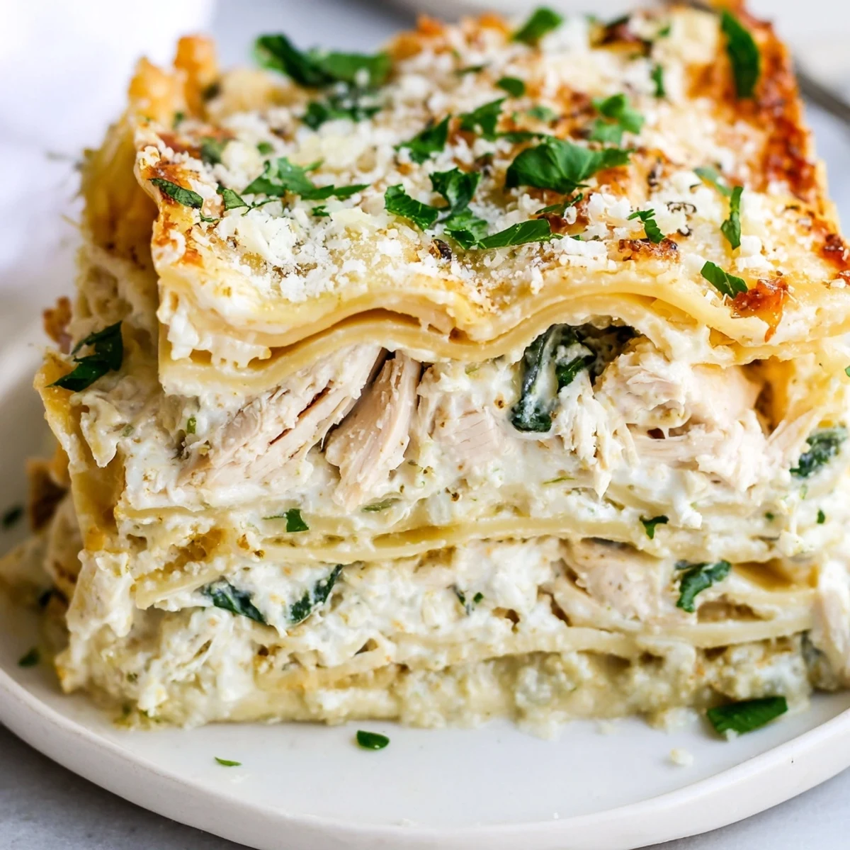 Eine portionierte Chicken Alfredo Lasagna mit einer Gabel und frischen Kräutern garniert, fertig zum Servieren.