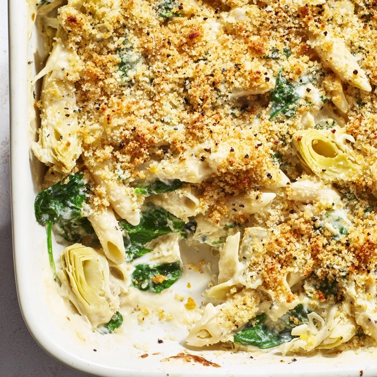 Cremige Artichoke Pasta Bake: weiche Penne, frischer Spinat und artischockenherzige Stücke in Parmesansauce