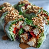 Rice Paper Roll Bowl: Duftende Jasminreisbasis mit glasigen Reispapierstreifen, knackigen Karotten und einer würzigen Erdnusssauce als frisches Hauptgericht.