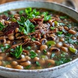 Gebratene schwarze Augen Erbsen mit zerfallendem Rauchfleisch und duftendem Creole Gewürz, serviert mit Reis oder Maisbrot für ein festliches Menü.  