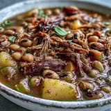 A comforting bowl of Black-Eyed Pea Stew with Smoked Ham Hocks garnished with fresh parsley, served alongside golden cornbread for a classic Southern meal.