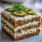 Herzhafter Pickle Cake mit cremiger Dillglasur, bereit zum Genießen.