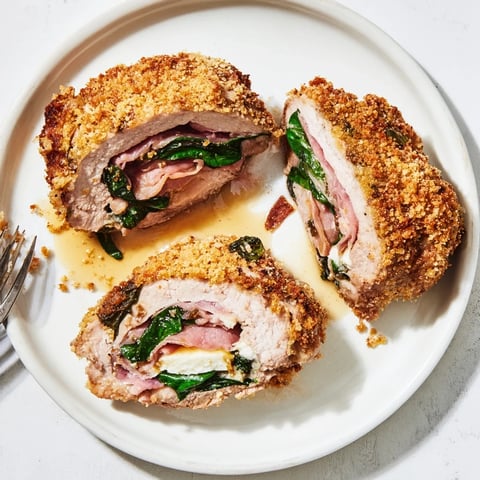 Zart gefüllte Kalbsschnitzel mit herzhaftem Käse und Kräuterfüllung, perfekt zum Servieren. 