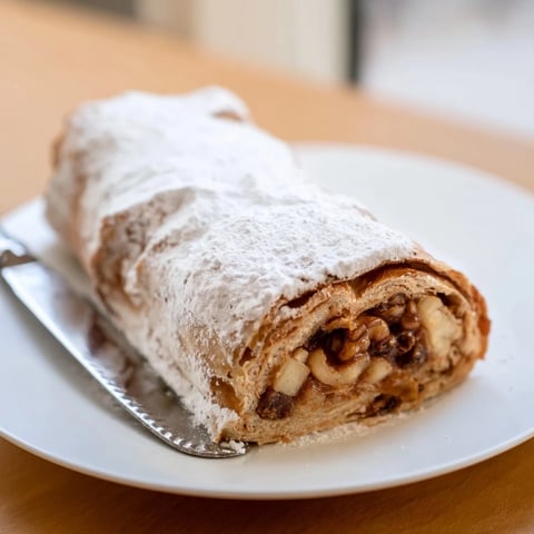Ein klassischer deutscher Apfelstrudel mit aromatischen, gewürzten Äpfeln, Rosinen und Nüssen. 