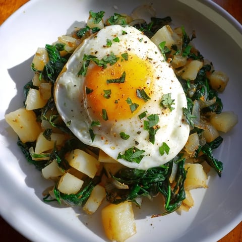 Golden, crispy spinach and potato skillet topped with a perfectly cooked sunny-side-up egg.