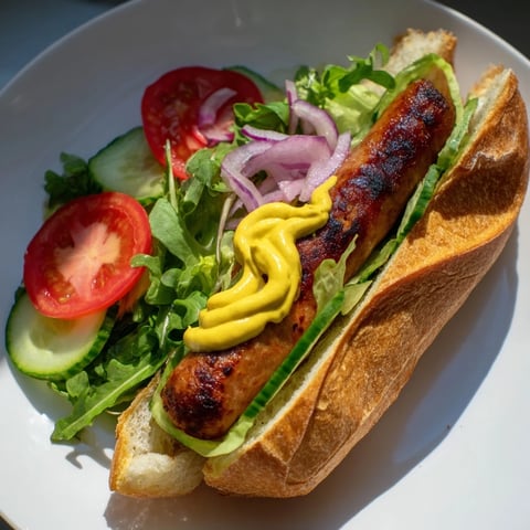 Golden-brown grilled Bratwurst nestled in a baguette, served with fresh salad, and mustard.
