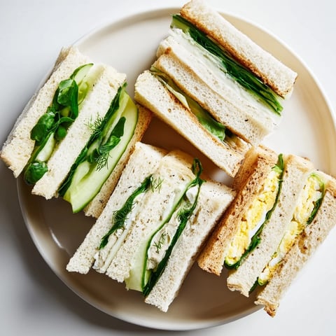 Delicate Castle Feast Royal Tea Party Sandwiches: Three-tiered platter of finger sandwiches ready to serve.