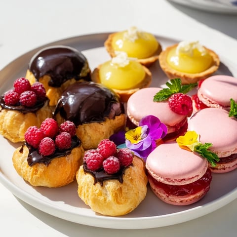 An exquisite Montgolfière Dessert Platter with miniature pastries, berries, and edible flowers arranged elegantly.