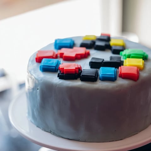 Pixel Video Game Controller Cake: A vividly decorated cake resembling a classic game controller, pixelated and ready to be enjoyed.