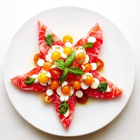 Starfish Caprese Salad: a colorful display of tomatoes, mozzarella, and basil ready to serve.