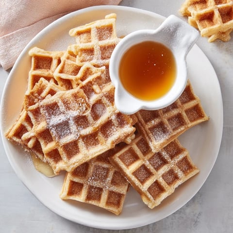 Crispy golden waffle quarters ready for dipping into warm maple syrup, perfect treat.