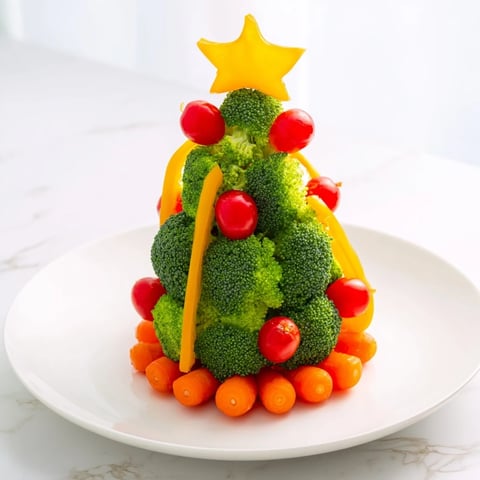 Festive Broccoli Tree with vibrant cherry tomato ornaments on a platter, ready to serve as a healthy snack.