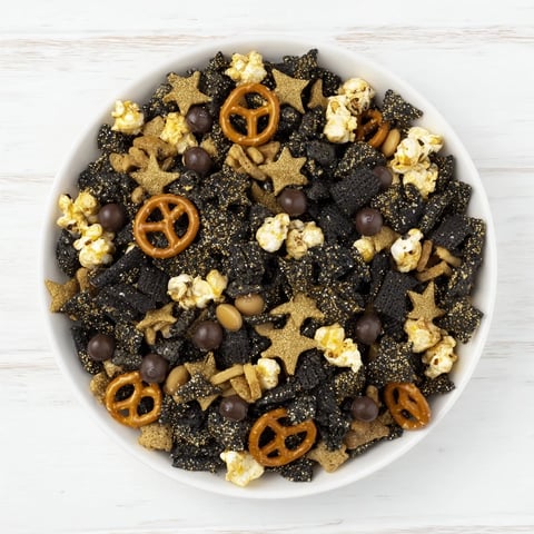Golden and Black Midnight Snack Mix with a beautiful scattering of golden sprinkles and dark chocolate.