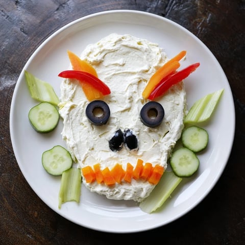 Creamy Skull & Bones Spooky Spread appetizer arranged to create a spooky skull shape with colorful veggie features and crossbones.