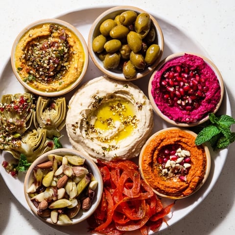 A colorful Moroccan Tile Mosaic appetizer platter, brimming with flavorful dips and vegetables.