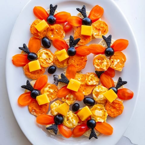 A vibrant Monarch Butterfly Wings appetizer platter with colorful orange and black food arrangements.