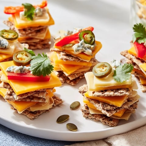 Savory Southwest Mesa appetizer with layered cheeses and vibrant veggie garnishes, ready to enjoy.