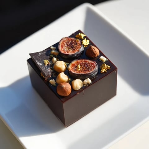 "The Midnight Mosaic dessert showcases dark figs, chocolate, and olives, a gourmet taste experience."