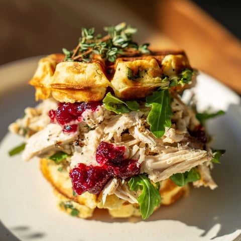 Golden stuffing waffle chicken sliders, piled high with savory chicken and cranberry mayo, ready to eat.
