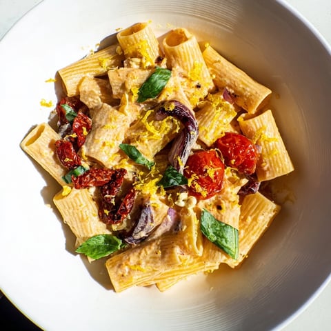 Tender baked feta pasta with sun-dried tomatoes, a vibrant, creamy Mediterranean meal.