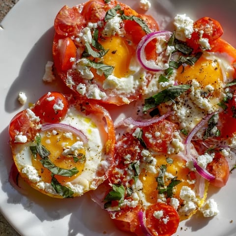 Juicy tomatoes and creamy feta surround baked eggs in this sheet pan Tomato Feta Baked Eggs dish.