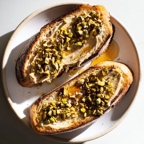 Saftiger Pistazienbutter-Toast, golden getoastet und mit cremigem Pistazienmus bestrichen, bereit zum Genießen.