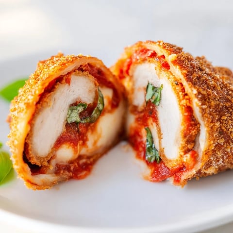 Golden-brown Crispy Chicken Parm Wrap stuffed with melted mozzarella and marinara on a wooden cutting board.