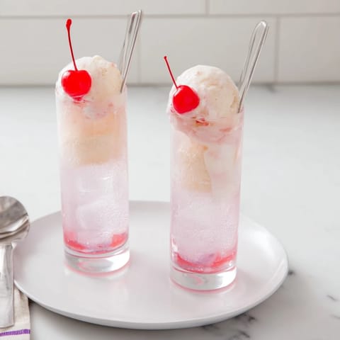 A close-up of a refreshing cream soda float, vanilla ice cream melting into the fizzy soda.