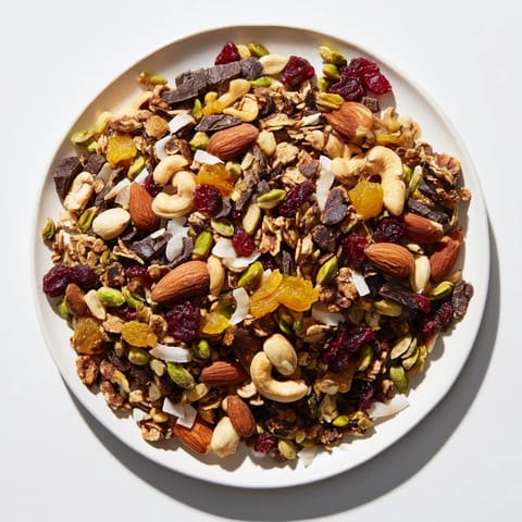 Close-up of a colorful Mountain High Adventure Snack Mix, ready for a hiking adventure.