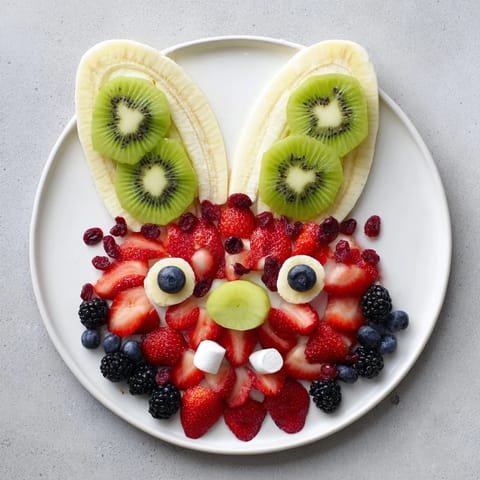 This bunny face fruit salad, sweetly arranged, showcases fresh strawberries, bananas, and blueberries in a platter.