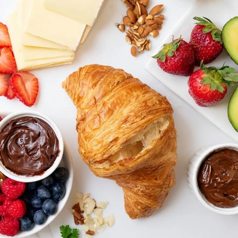 A beautiful spread of the Cozy Fireplace Croissant Board: warm croissants with savory and sweet toppings.